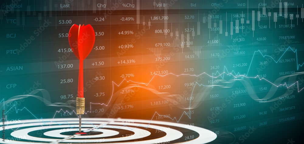 Bullseye dart arrow and line of Stock market or forex trading graph and candlestick chart suitable f