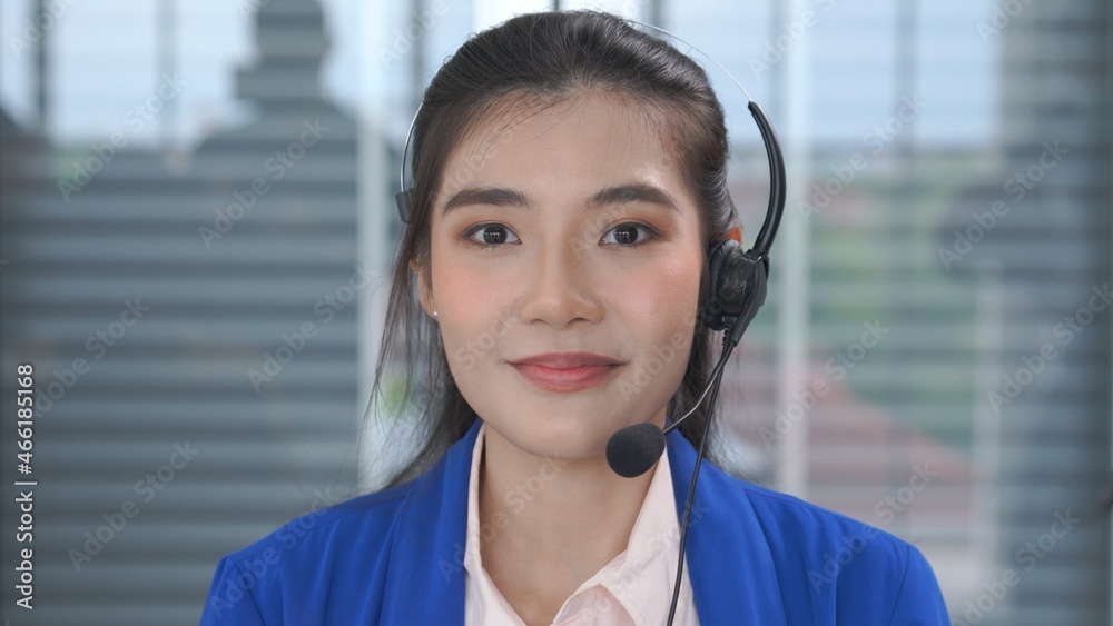 Video call camera view of businesswoman talks actively in videoconference . Call center, telemarketi