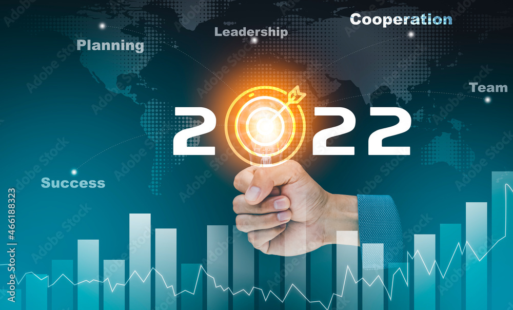 Business touch target and number new year 2022, innovative idea of ​​inspiration from online technol