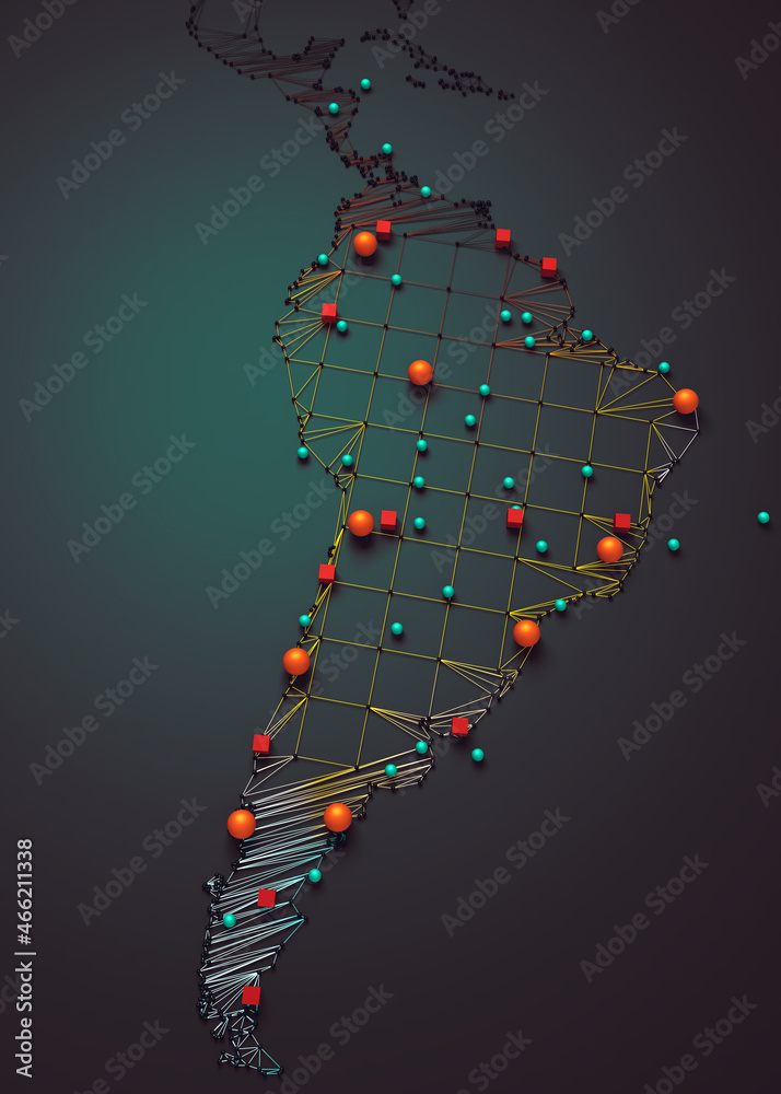 Mapa de América del Sur. Ilustración 3d y concepto de logística internacional de acuerdos y negocios