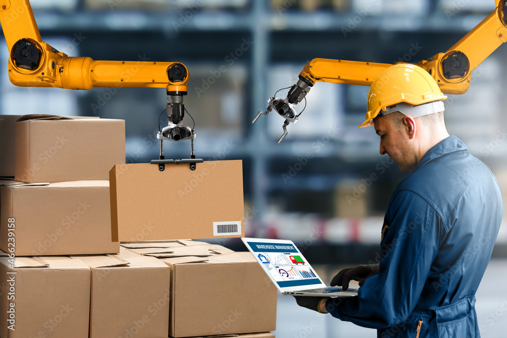 Smart robot arm systems for innovative warehouse and factory digital technology . Automation manufac