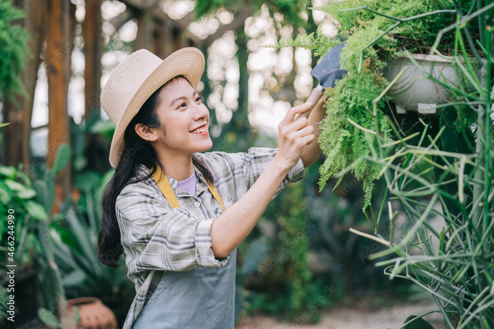 Young Asian woman takes care of the garden