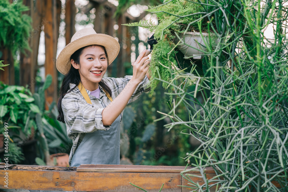 年轻的亚洲女人打理花园