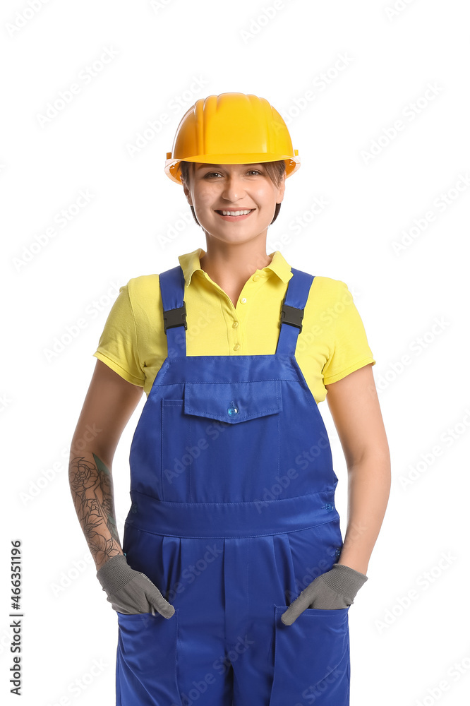 Female construction worker in uniform on white background