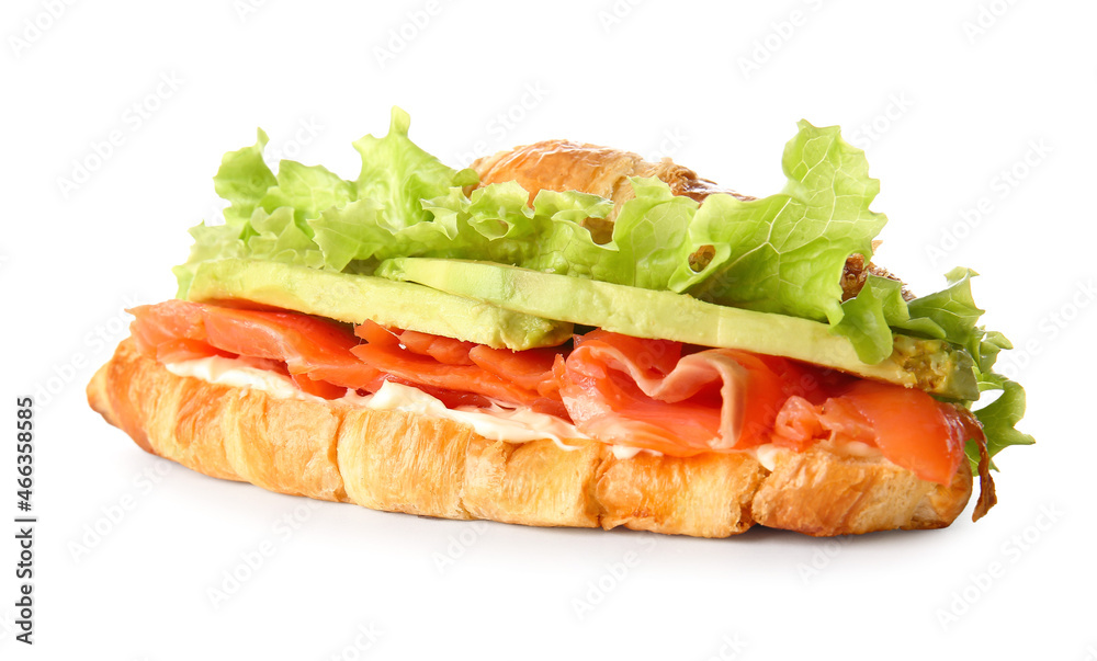 Delicious croissant sandwich with fish on white background