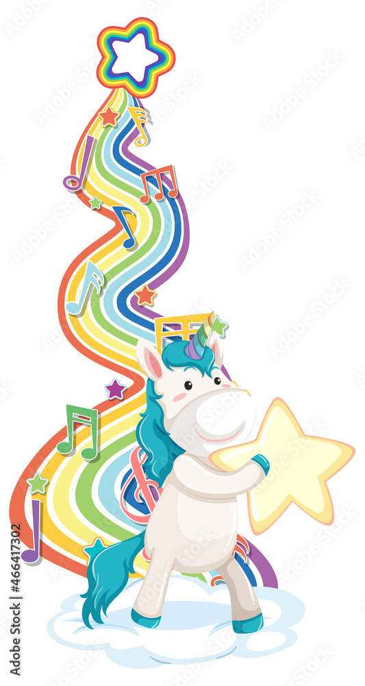 Unicorn holding star with rainbow on white background