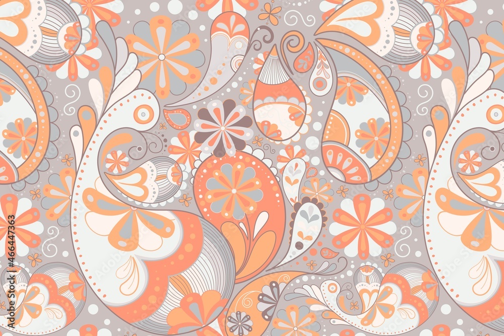 Floral paisley background, orange pattern in traditional design