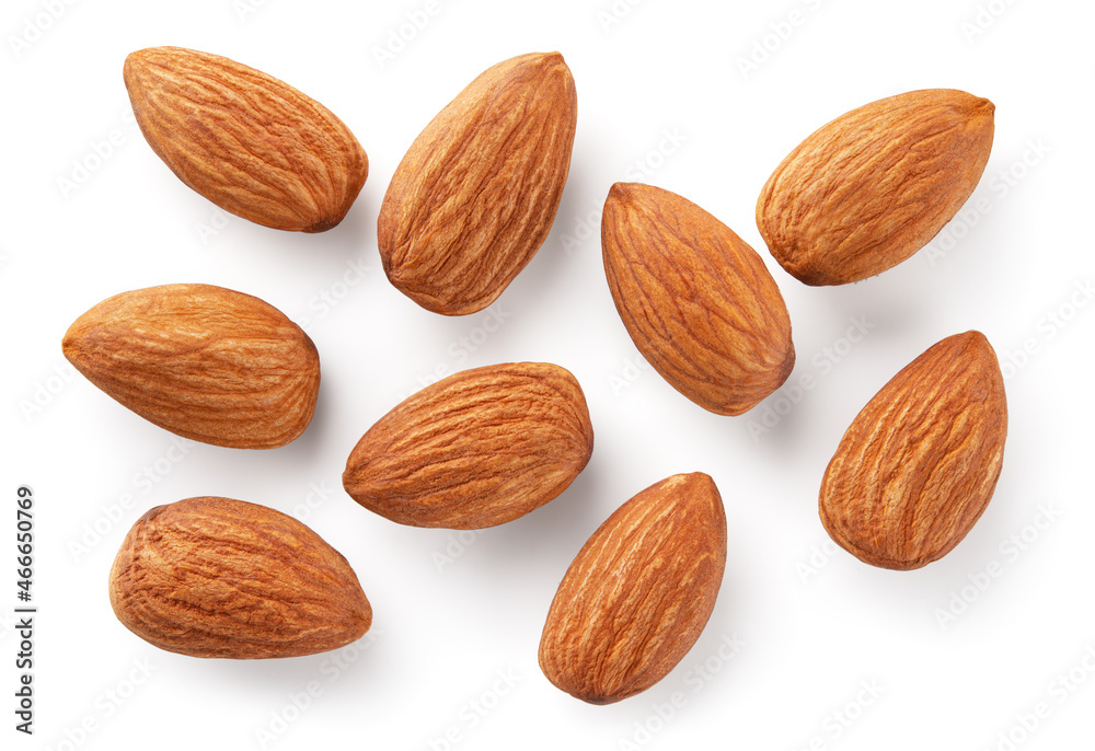 Almonds isolated. Almond set on white background. Almond background top view. Full depth of field.