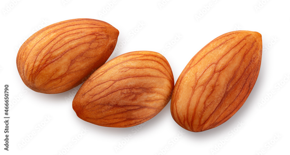 Almond isolated. Almonds on white background. Three almond nuts top view. With clipping path. Full d