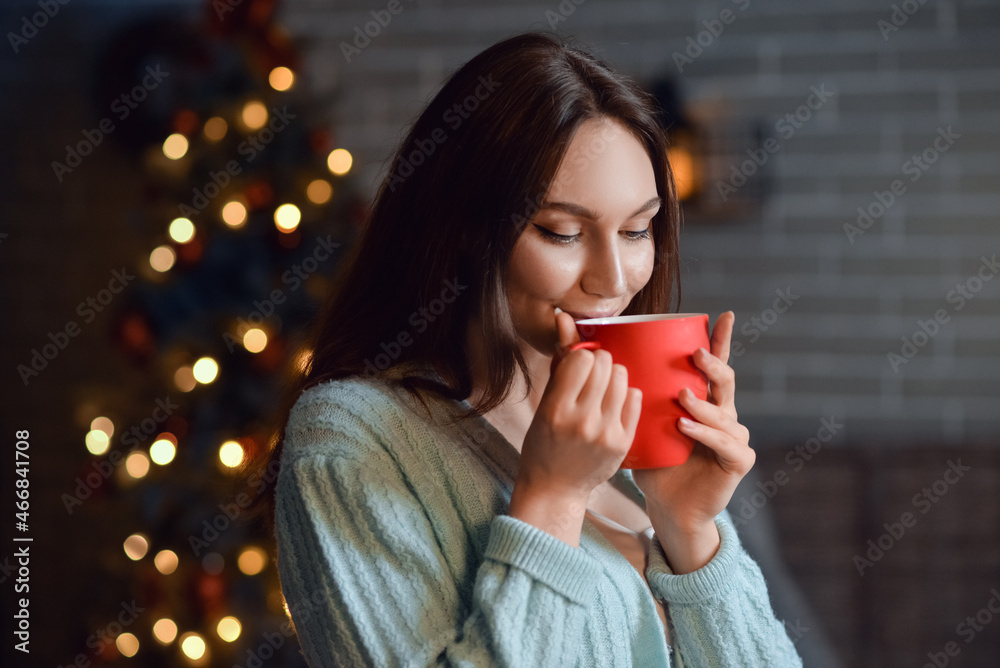 美丽的年轻女子在圣诞节前夕在家喝一杯热可可饮料