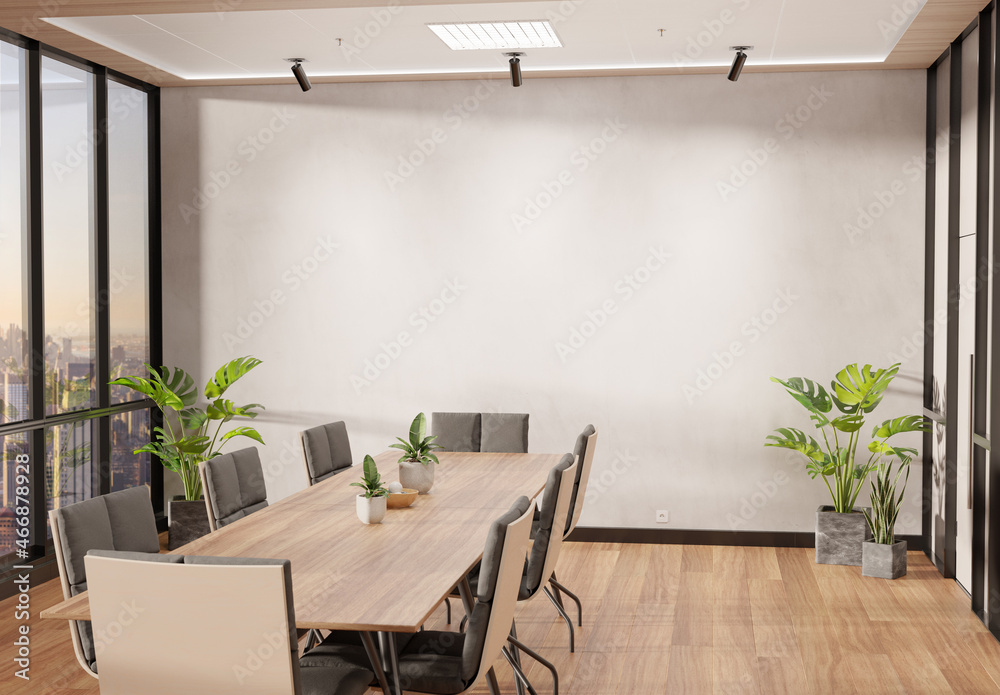 Blank wall Mockup in bright wooden office with windows and sun passing through. Empty company meetin