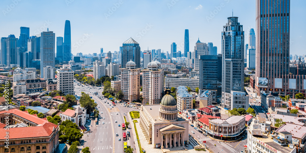 Aerial view of Xiaobailou and city skyline in Tianjin Concert Hall, Tianjin, China