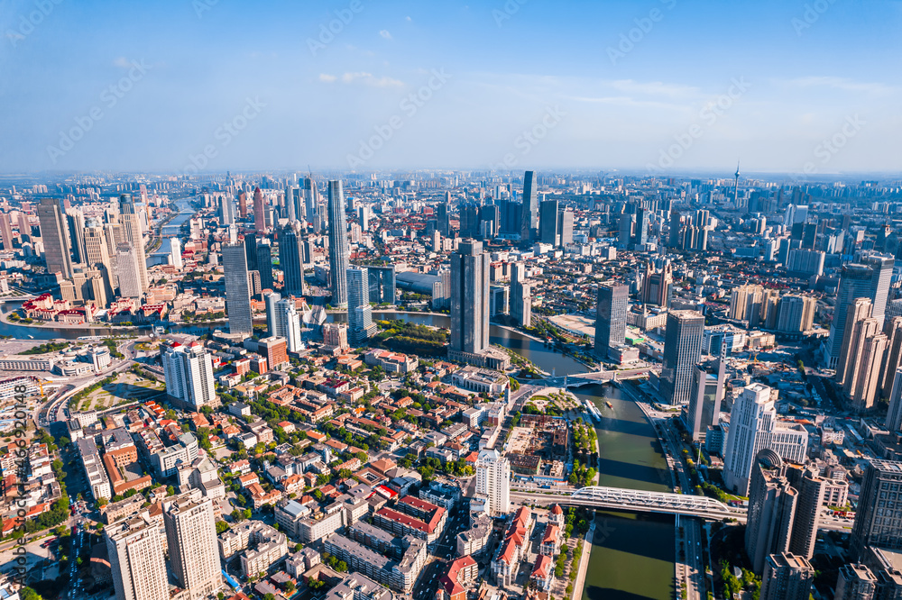 Aerial photography of Haihe River and city skyline in Tianjin, China