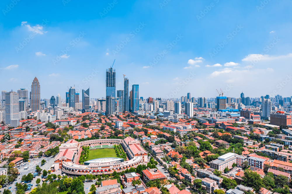 Aerial photography of 5th Avenue Minyuan Square and city skyline in Tianjin, China