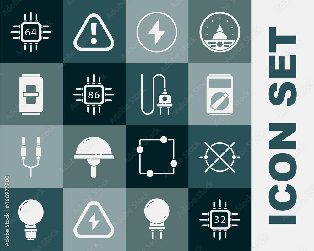 Set Processor with microcircuits CPU, Electric scheme, Multimeter, Lightning bolt, light switch, and