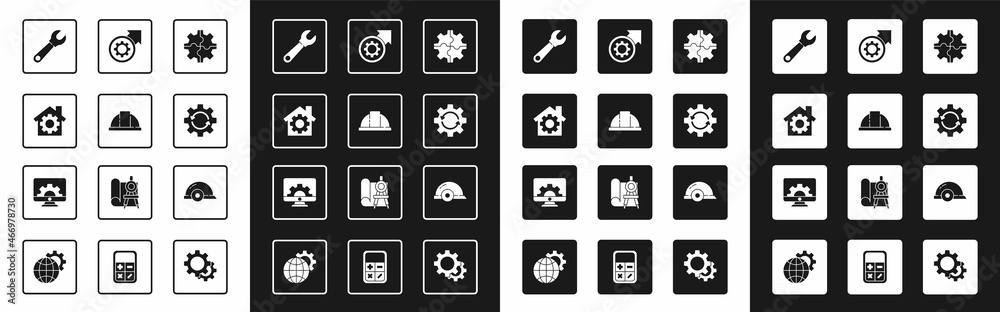 Set Gear, Worker safety helmet, House with gear, Wrench spanner, and arrows as workflow, process, an