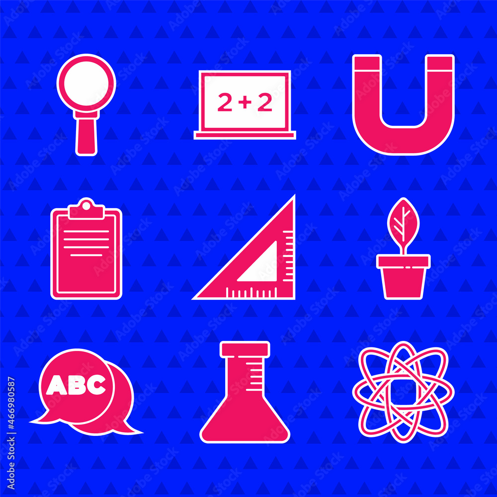 Set Triangular ruler, Test tube and flask, Atom, Plant in pot, Alphabet, Clipboard with checklist, M