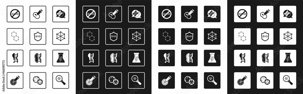 Set DNA symbol, Shield for bio healthy food, Chemical formula, No GMO, Genetically modified meat, Te