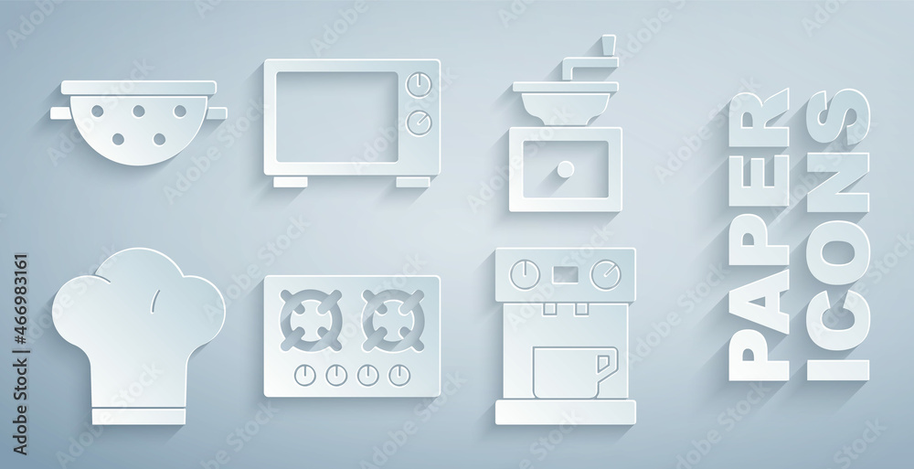设置燃气炉、手动咖啡研磨机、厨师帽、咖啡机、微波炉和厨房漏勺