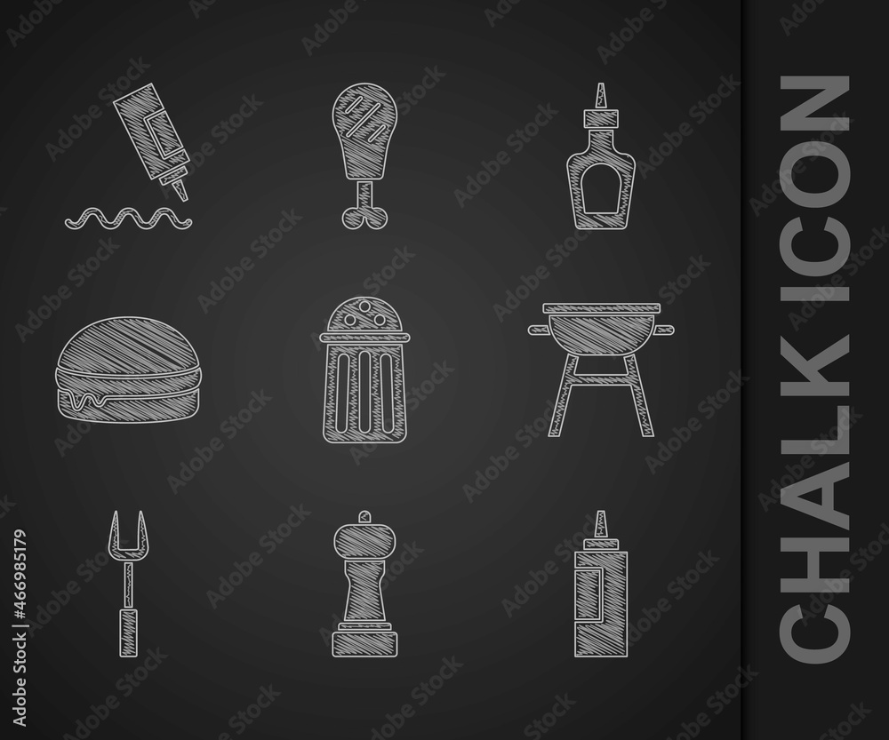 Set Salt, Pepper, Sauce bottle, Barbecue grill, fork, Burger, and icon. Vector