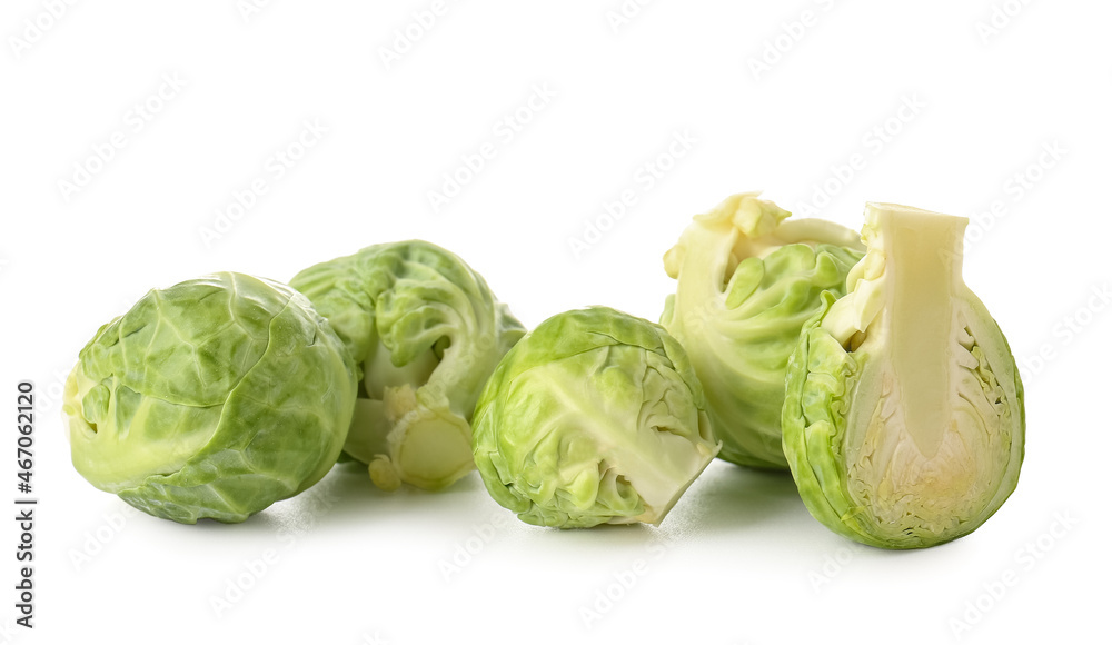 Fresh ripe Brussels sprouts on white background