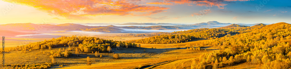 Colorful forest and mountain natural landscape in autumn.Beautiful autumn scenery in the Ulan Butong