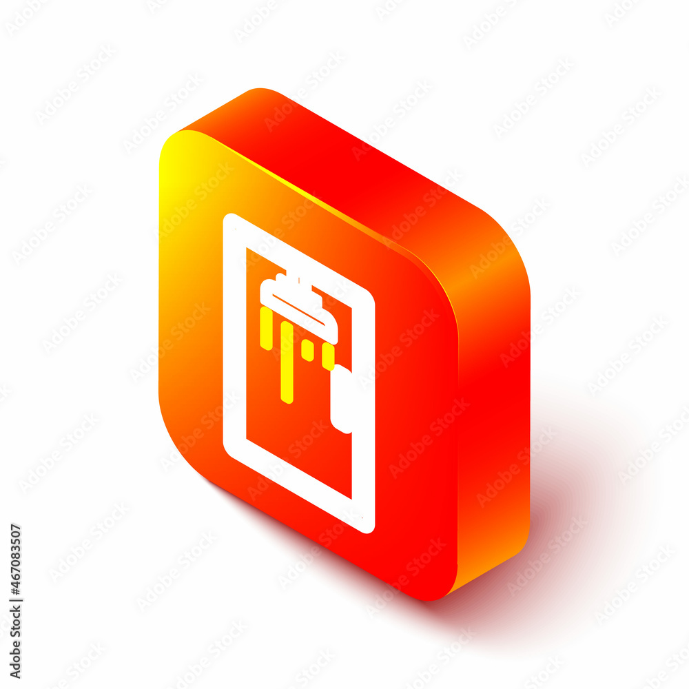 Isometric line Shower cabin icon isolated on white background. Orange square button. Vector