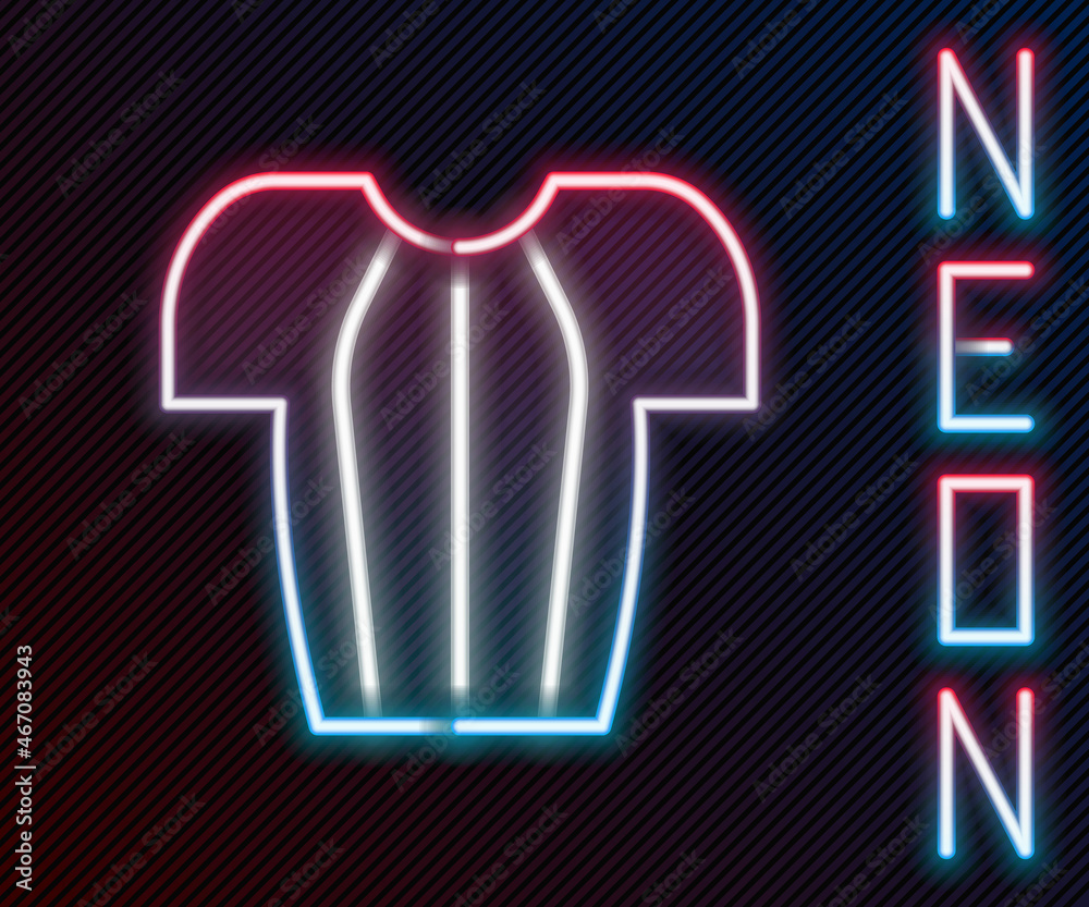 Glowing neon line Cycling t-shirt icon isolated on black background. Cycling jersey. Bicycle apparel