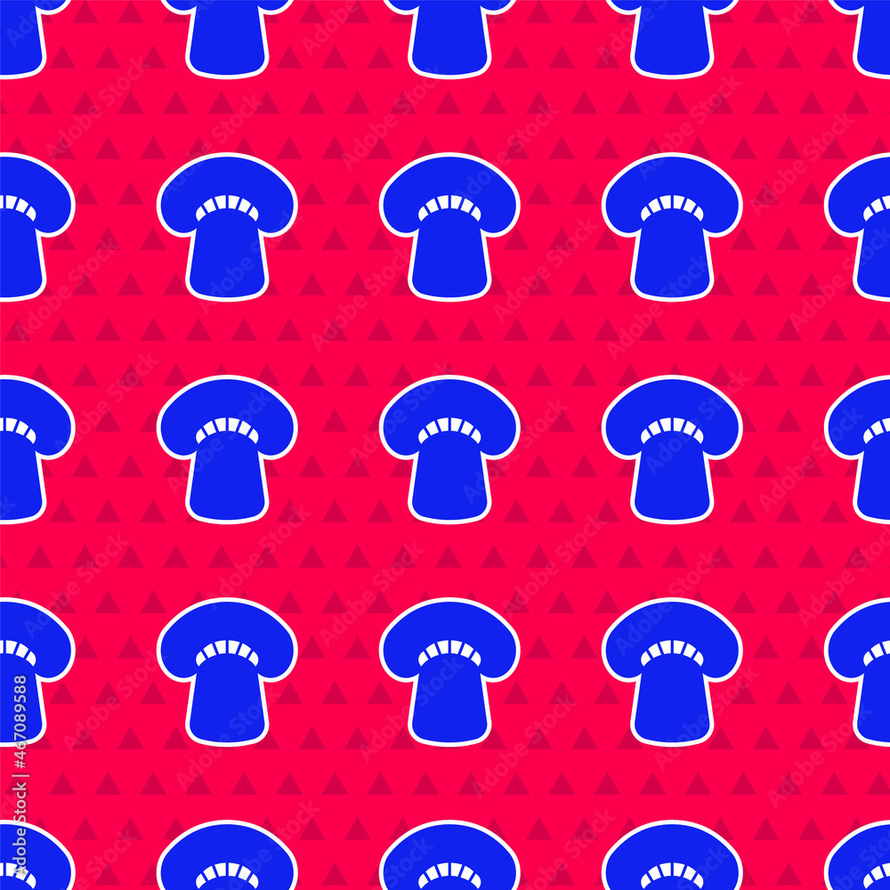 Blue Mushroom icon isolated seamless pattern on red background. Vector