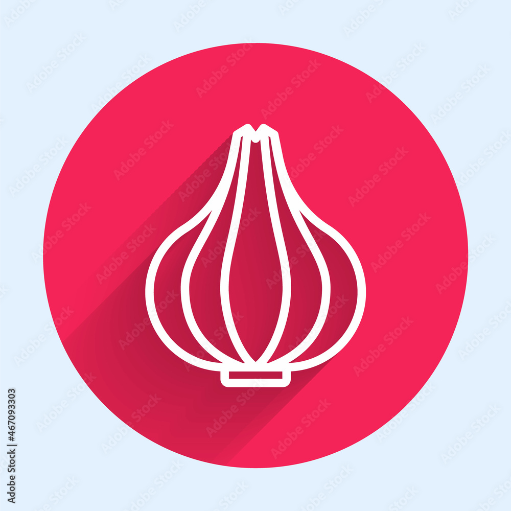 White line Garlic icon isolated with long shadow background. Red circle button. Vector