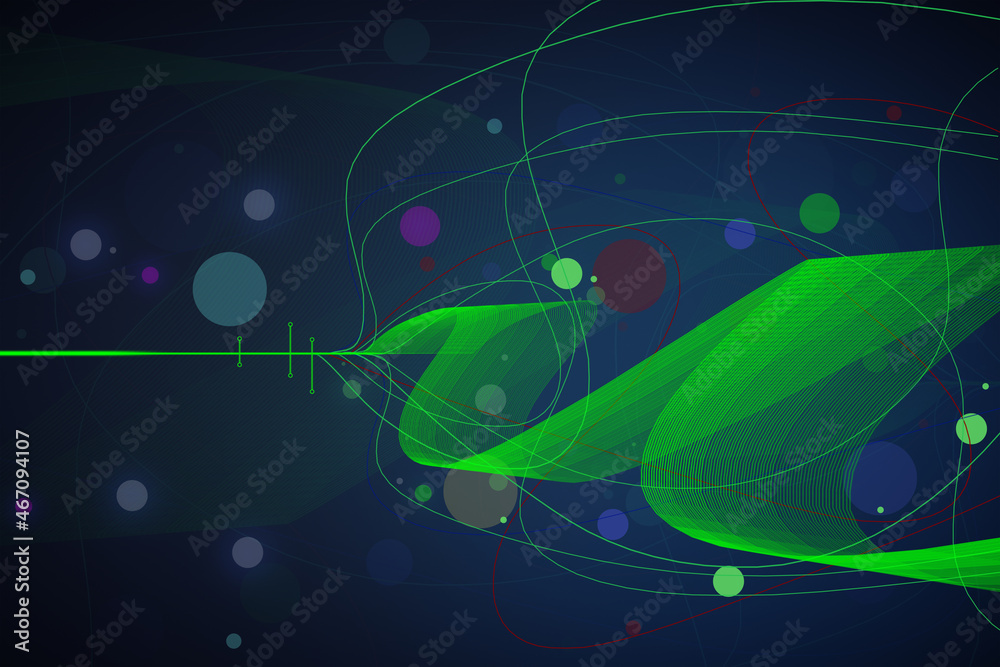 Creative green big data swirl on dark background. Technology, innovation and database concept. 3D Re