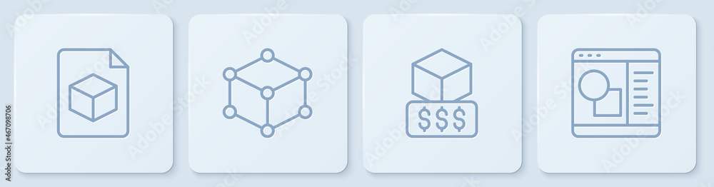 Set line Isometric cube file, 3D printer services, and software. White square button. Vector