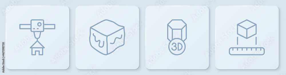 设置行3D打印机室、等轴测立方体和白色正方形按钮.Vector