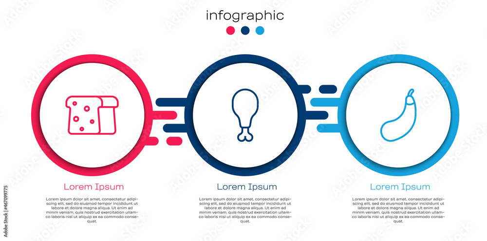 Set line Bread toast, Chicken leg and Eggplant. Business infographic template. Vector