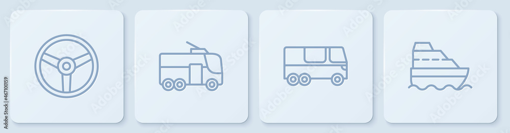 设置线路方向盘、公交车、电车和游轮。白色方形按钮。矢量
