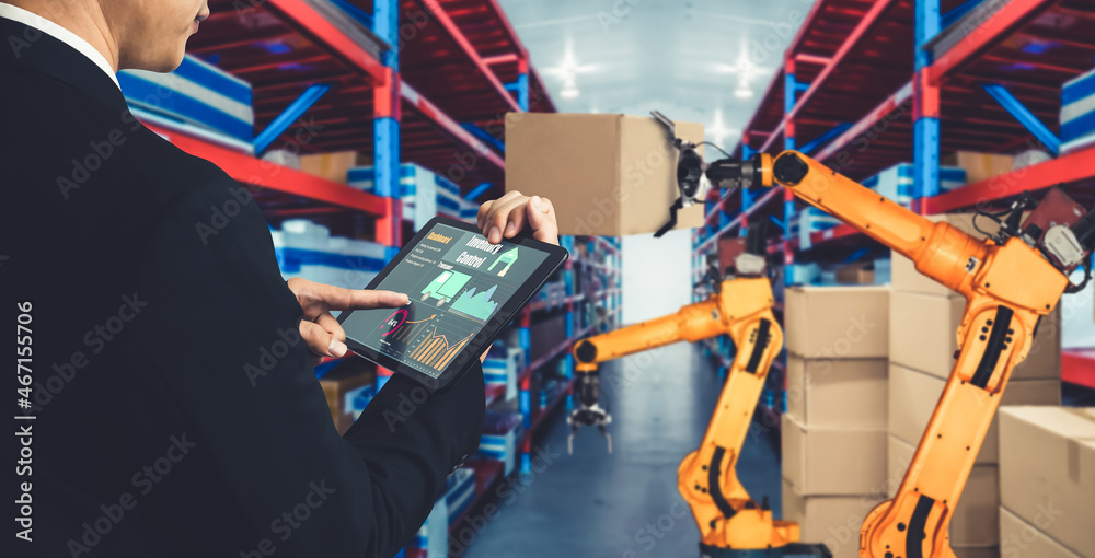 Smart robot arm systems for innovative warehouse and factory digital technology . Automation manufac