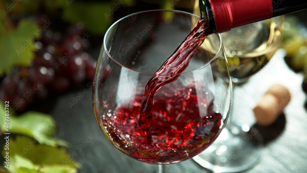 Macro shot of pouring red wine into glass.