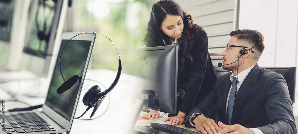 Business people wearing headset working in office to support remote customer or colleague. Call cent