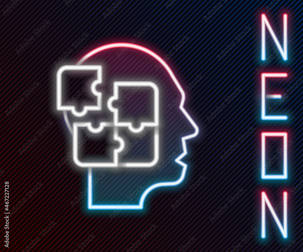 Glowing neon line Human head puzzles strategy icon isolated on black background. Thinking brain sign