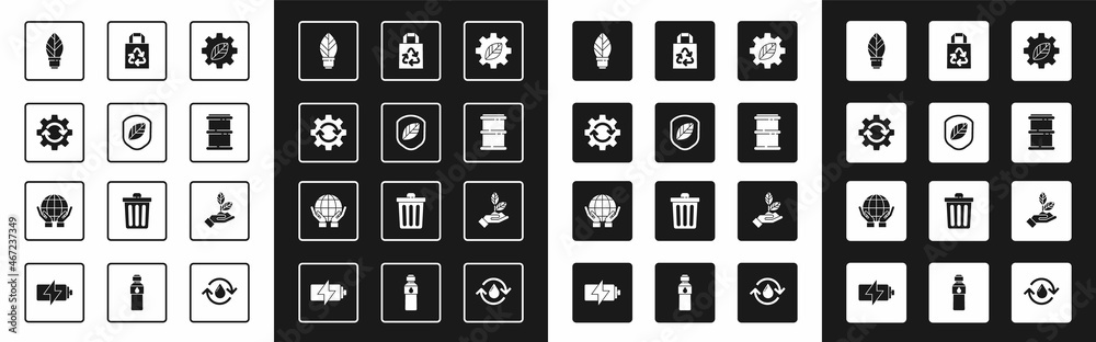 Set Leaf plant in gear machine, Shield with leaf, Gear and arrows as workflow, Light bulb, Barrel, P