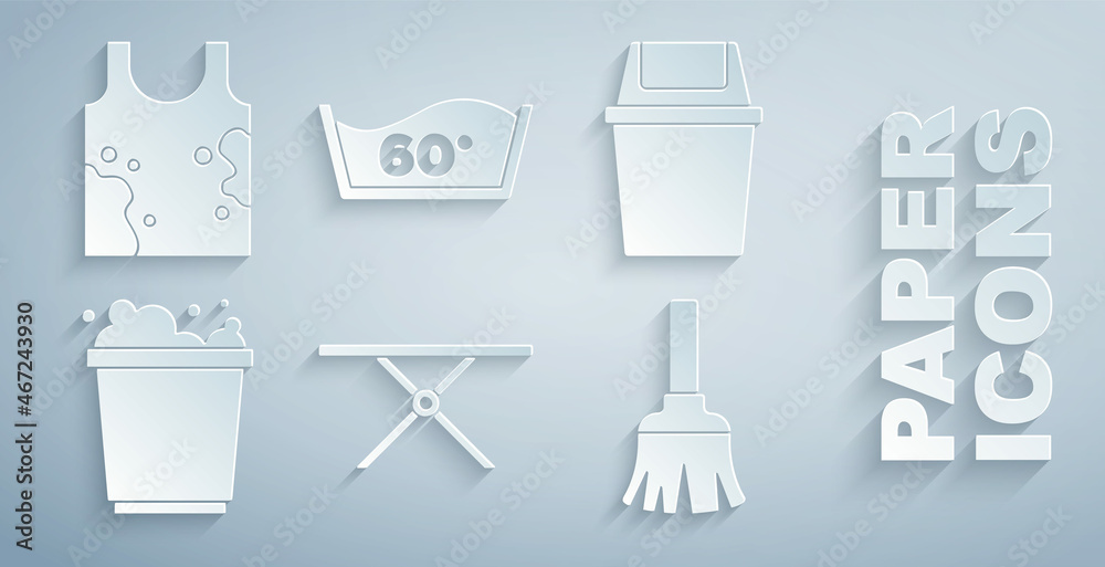 Set Ironing board, Trash can, Bucket with foam, Feather broom, Temperature wash and Dirty t-shirt ic