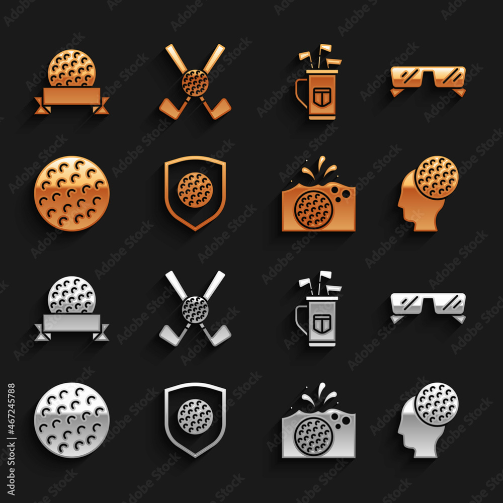 Set Golf ball with shield, Glasses, in water, bag clubs, and Crossed golf icon. Vector