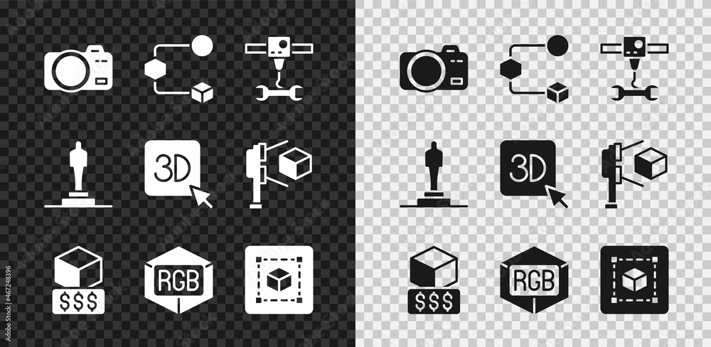 设置照片相机，等距立方体，3D打印机扳手，服务，RGB和CMYK颜色混合，Ge