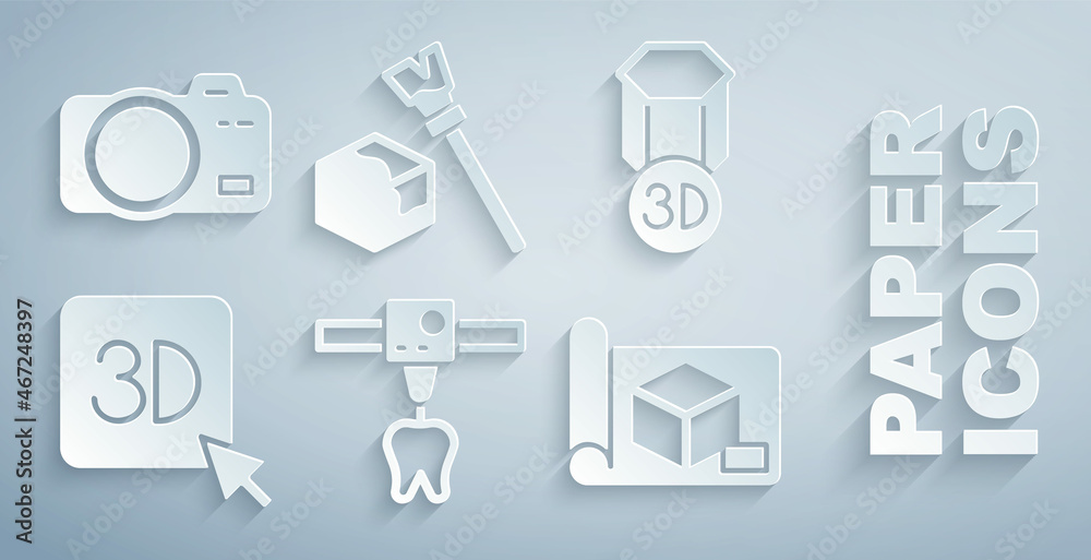 Set 3D printer tooth, Graphing paper for engineering, Isometric cube and Photo camera icon. Vector