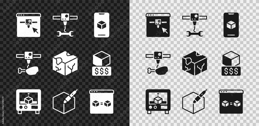 Set 3D printer setting, wrench spanner, software, 3d pen tool, perfect copy, chicken leg and Isometr