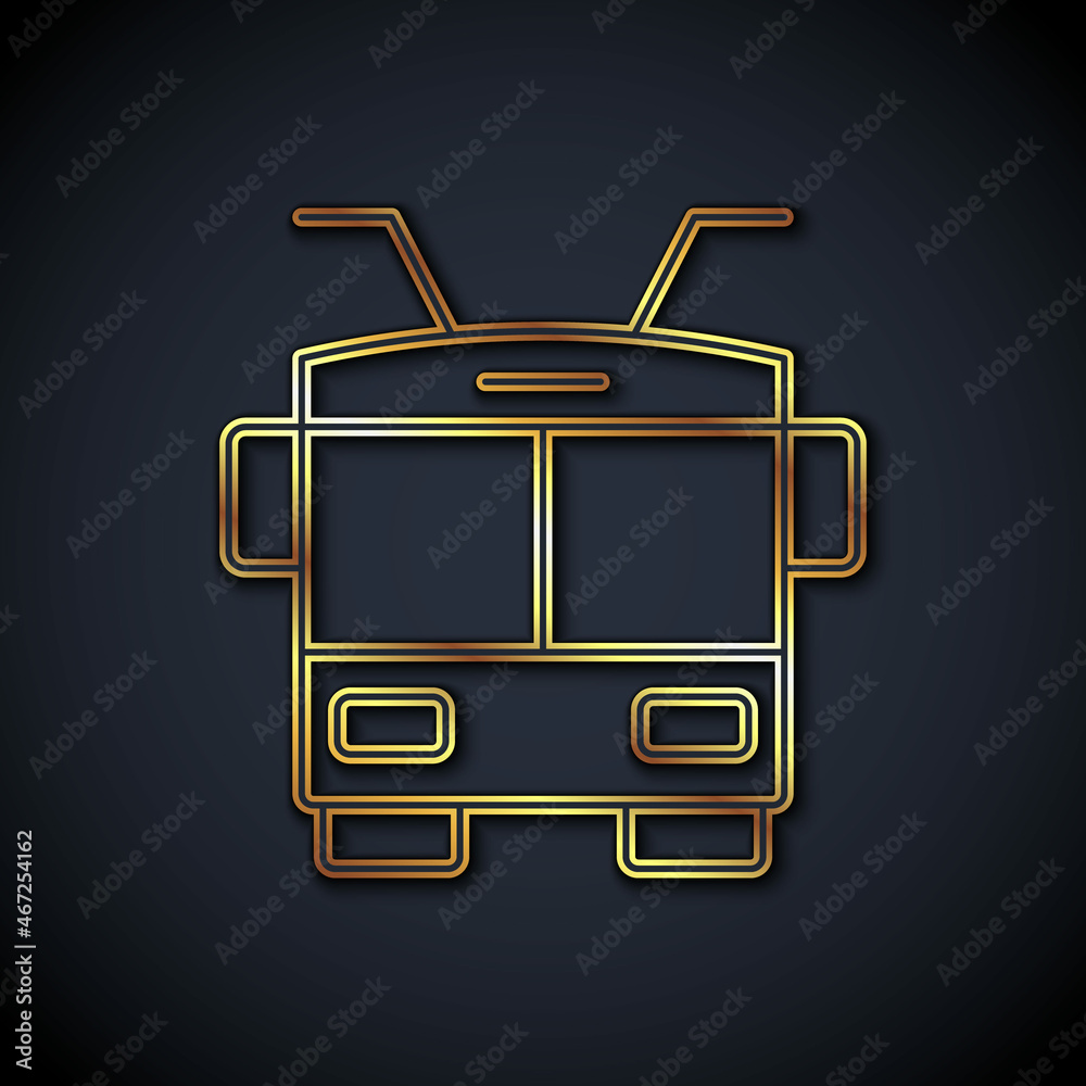 黑色背景上隔离的金线Trolleybus图标。公共交通符号。矢量