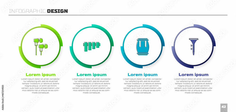 Set Air耳机，平底长笛，鼓和鼓棒。商业信息图模板。Vector