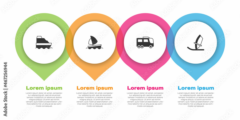 设置游轮、帆船、巴士和风帆冲浪。商业信息图模板。矢量