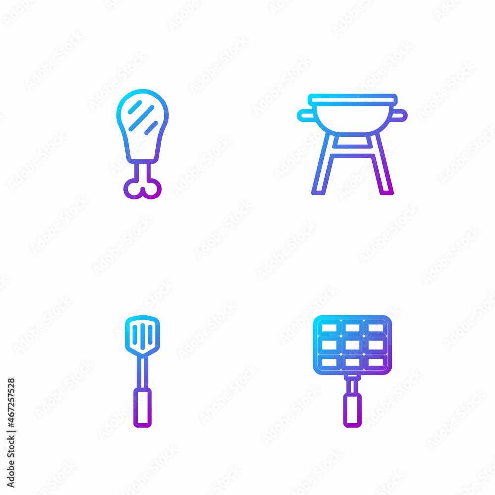 Set line Barbecue steel grid, spatula, Chicken leg and grill. Gradient color icons. Vector