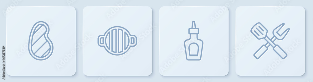 定线牛排、酱汁瓶、烧烤架、十字叉和抹刀。白色方形按钮。